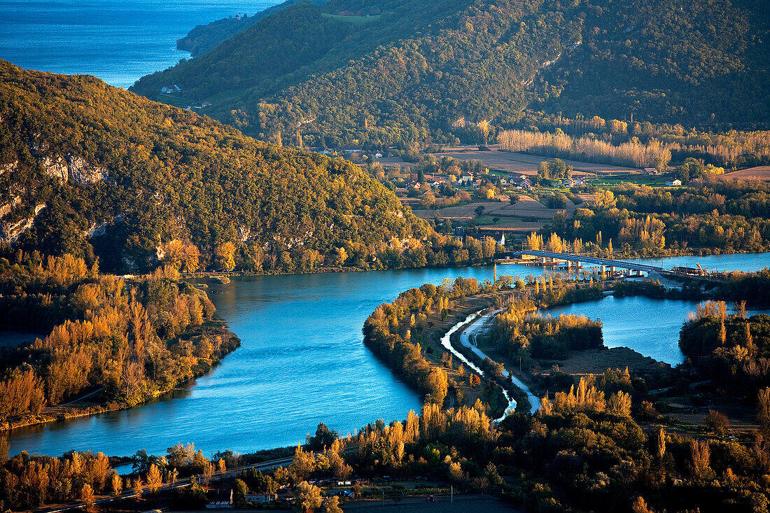 France, Ain, Culoz, Rhone River from grand colombier mountain, in the background the Bourget lake