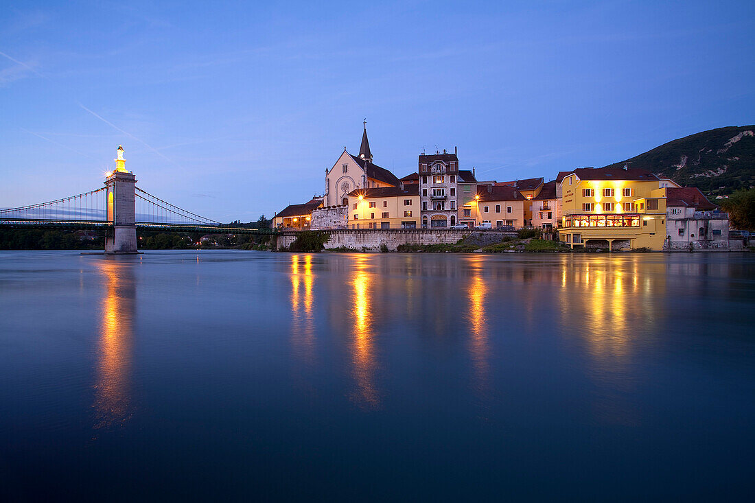 France, Haute-Savoie, Rhone River and the village of Seyssel