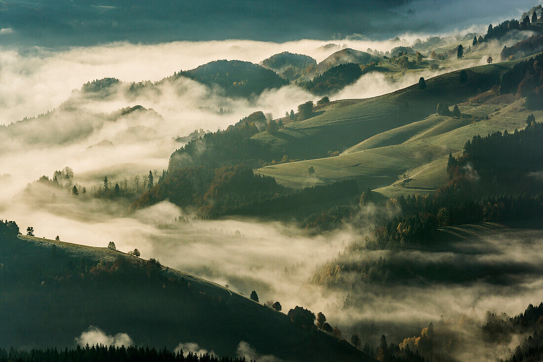View from the Belchen south on the Wiesental valley, morning atmosphere with fog, autumn, Black Forest, Baden-Wuerttemberg, Germany