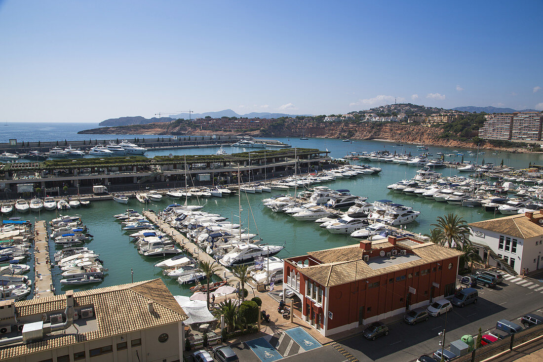 Yachten und Segelboote liegen in der Port Adriano Marina, El Toro, Mallorca, Balearen, Spanien