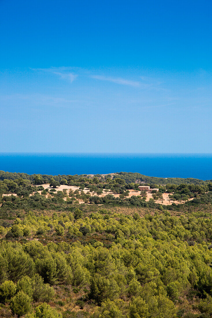 Finca im Wald mit dem Mittelmeer in der Distanz, nahe Arta, Mallorca, Balearen, Spanien