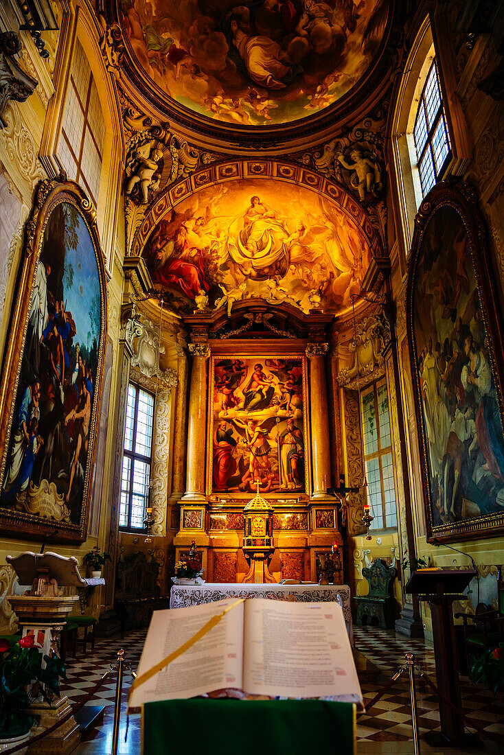 Bible on pedestal in ornate church