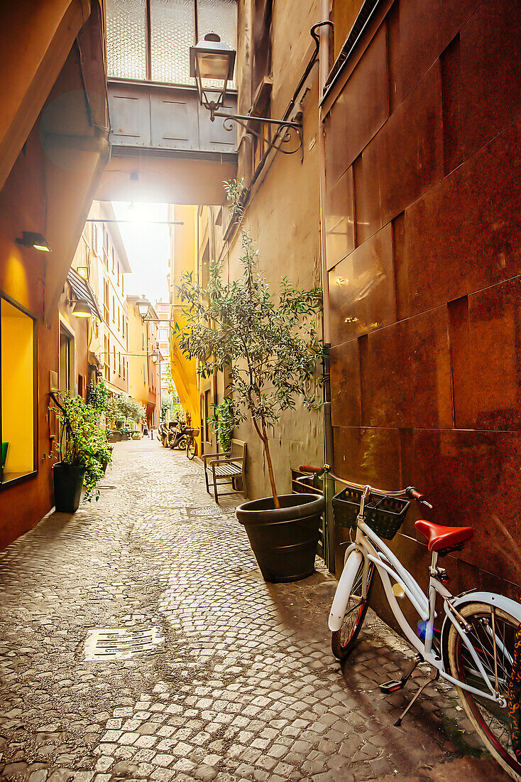 Bicycle in cobblestone alley, Bologna, Emilia-Romagna, Italy