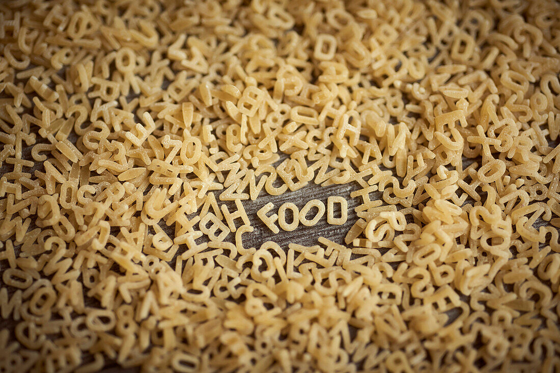 Alphabet noodles spelling food