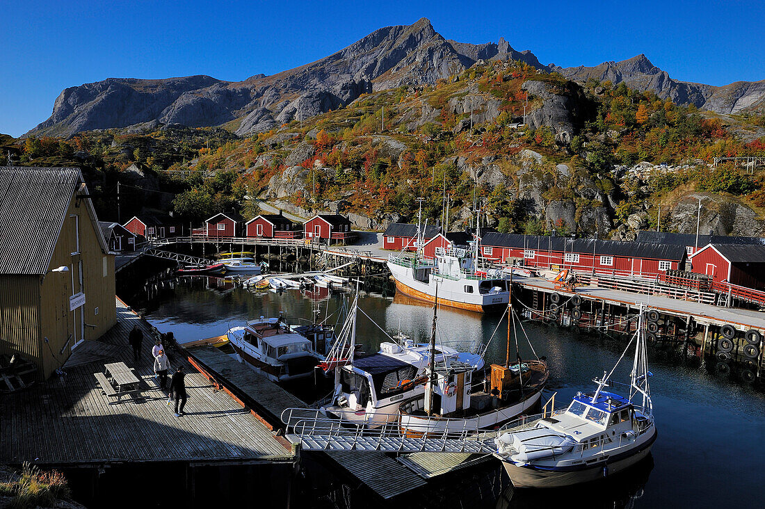 Norway, Nordland County, Lofoten Islands, Flakstadoy Island, harbour of Nussfjord restored village