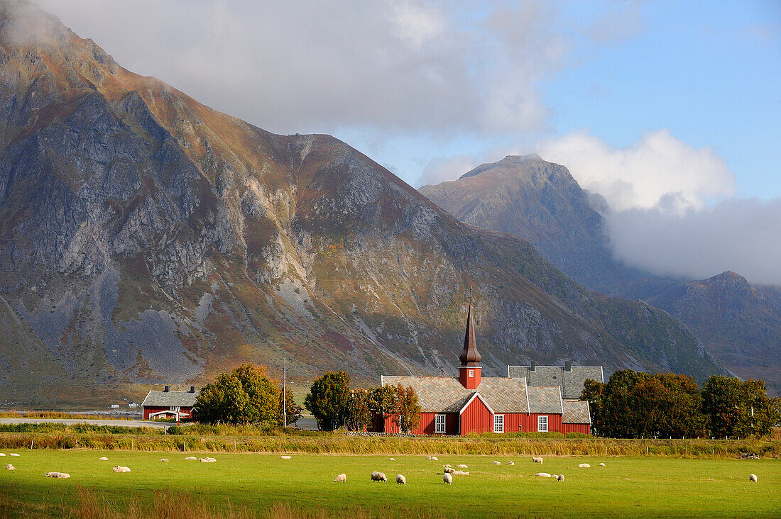 Norway, Nordland County, Lofoten Islands, Flakstadoy Island, Flakstad wooden church