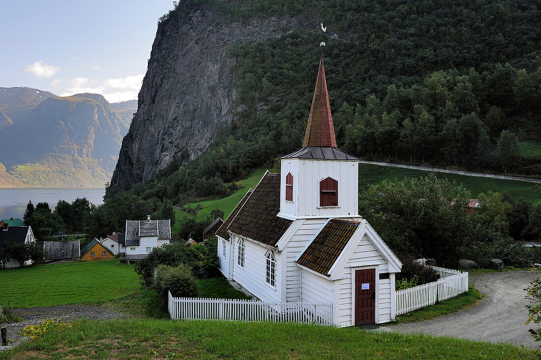 Norway, Sogn Og Fjordane County, Laerdal, Undredal in Aurland Fjord, wooden stave church called stavkirker or stavkirke built in 1148