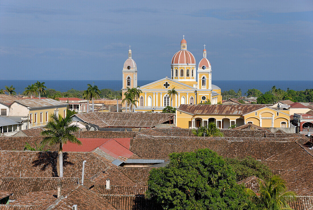 Nicaragua, Granada, view of the cathedral and Nicaragua Lake from the bell tower of La Merced Church