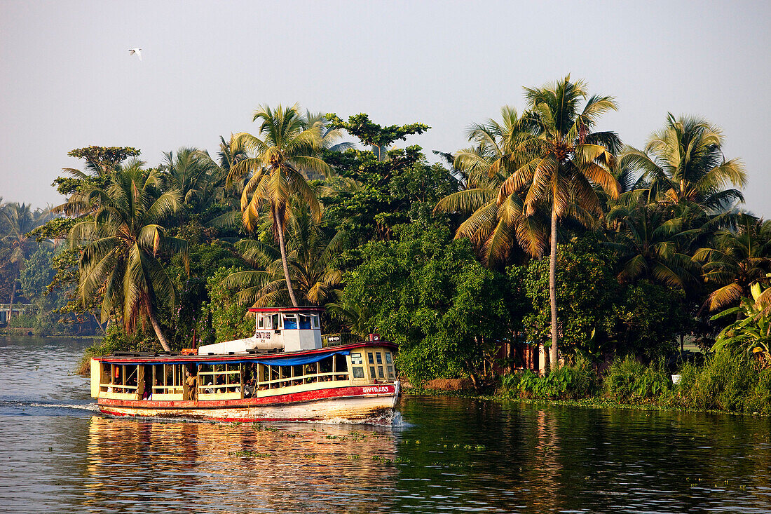 India, Kerala State, Allepey, the backwaters, a public ferry linking the villages along the canals
