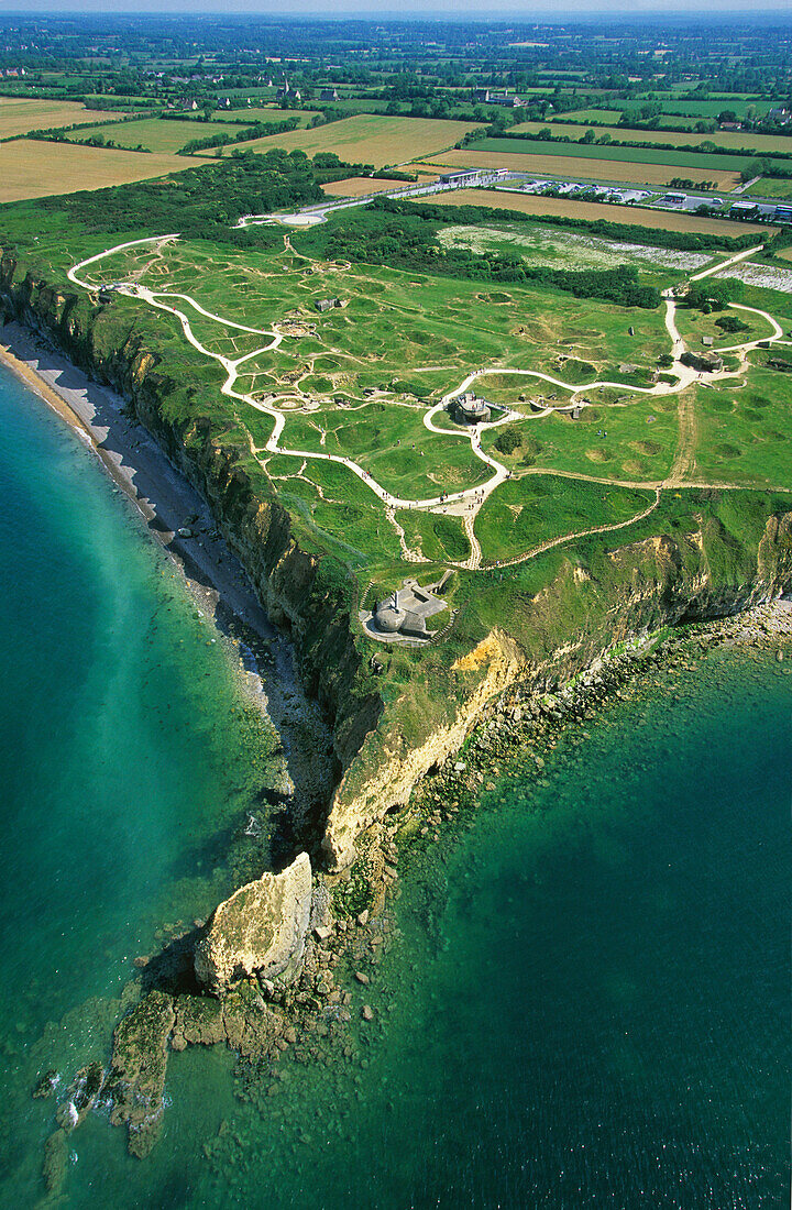 France, Calvados, Pointe du Hoc, Monument in memory of the Landing (aerial view)