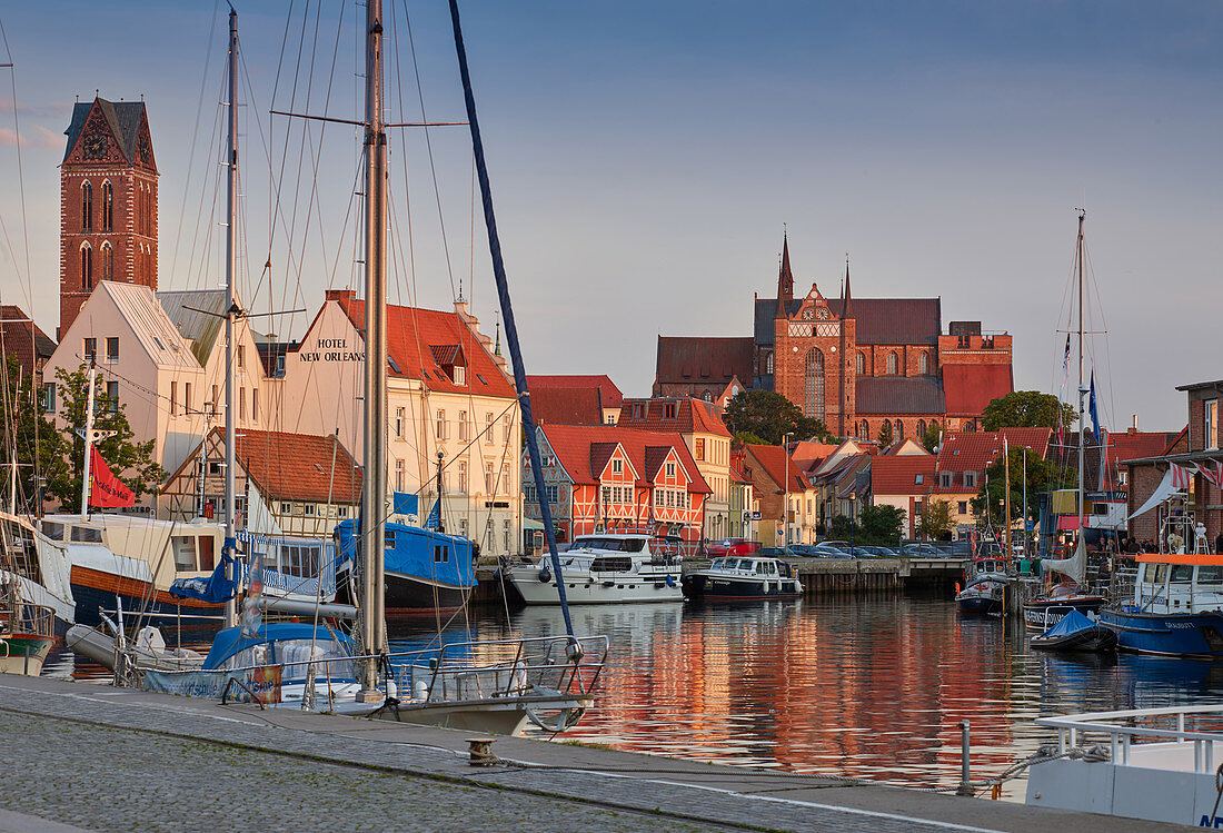 Old port in Wismar with towers of St. Mary's Church, Marienkirche and St. George's Church, Georgenkirche, Mecklenburg Vorpommern, Germany