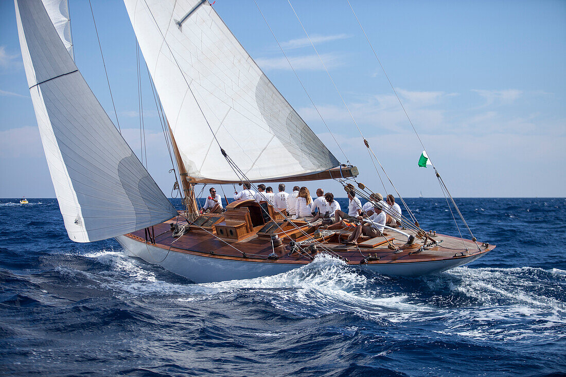 '12m Yacht ''Emilia'', Design by Attilio Costaguta 1930, Classic Sailing Regatta ''Les Voiles de St. Tropez'', St. Tropez, Côte d'Azur, France'