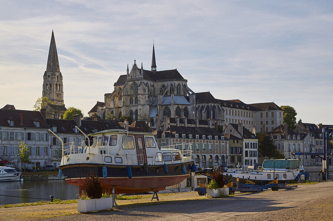 View across the river Yonne at Saint-Germain Abbey at Auxerre , Departement Yonne , Burgundy , France , Europe