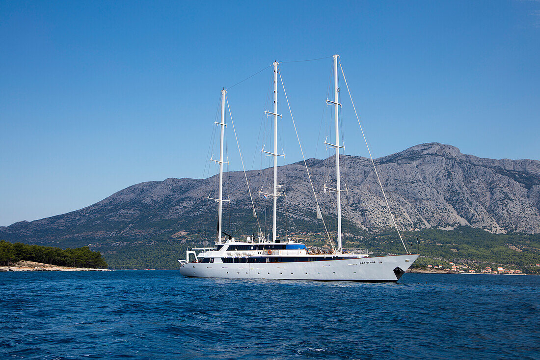 Motor sailing cruise ship M/S Panorama (Variety Cruises) at anchor during swim stop for guests, near Korcula, Dubrovnik-Neretva, Croatia