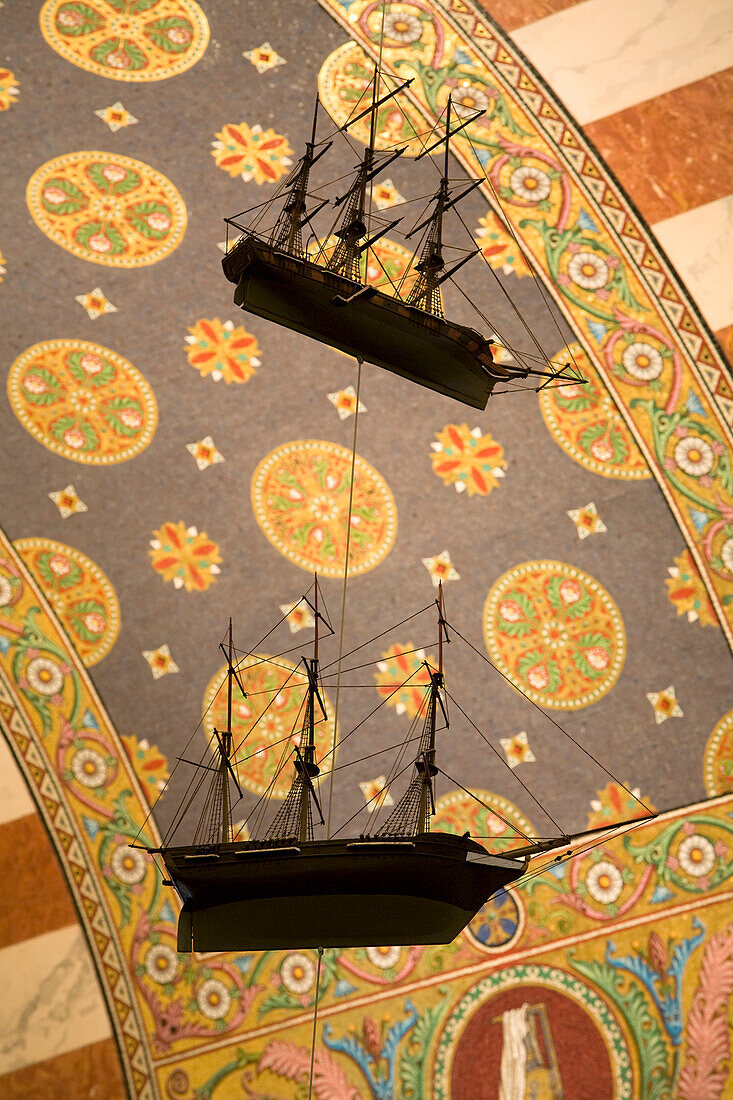 France, Bouches du Rhone, Marseille, interior of Notre Dame de la Garde Basilica also known as la Bonne Mere, Ex voto (boat model), mosaic restaurée en 2007 par Michel Patrizio