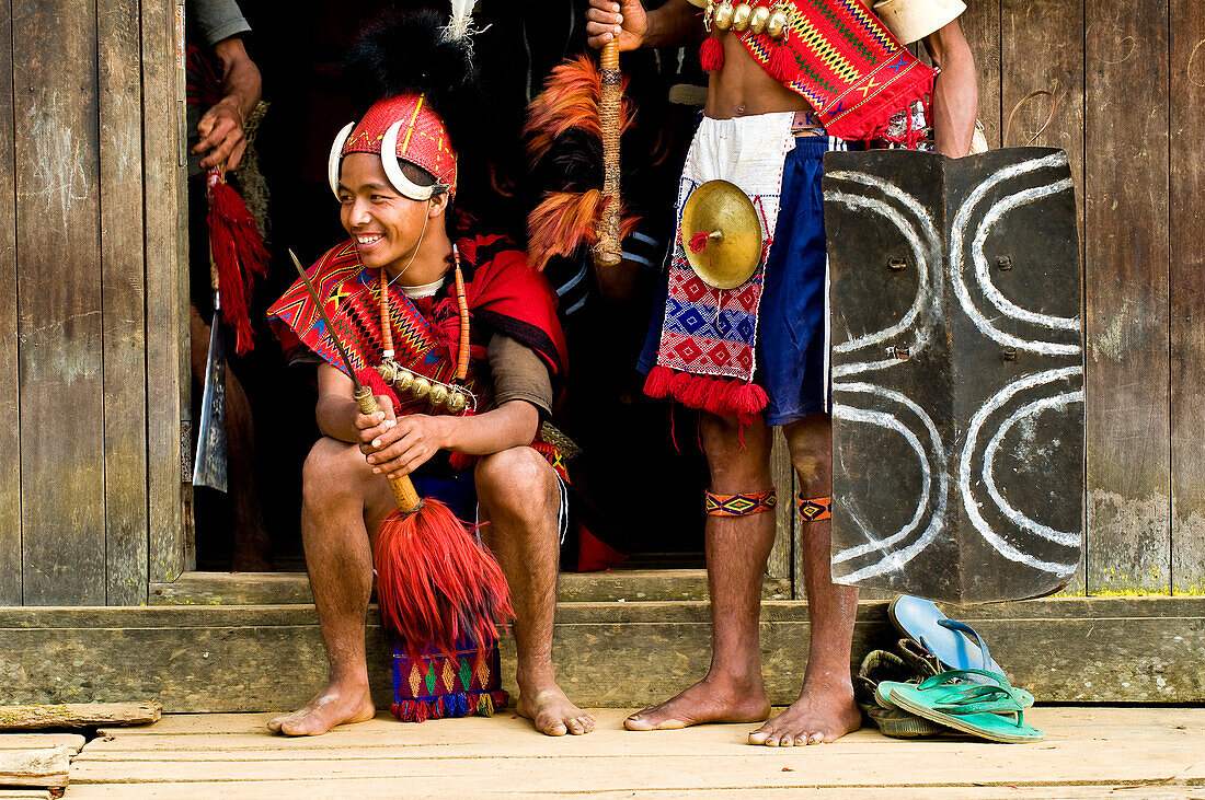 Myanmar (Burma), Sagaing Division, Leshi, Nagas from Konyak tribes dressed up to take part in the celebrations for naga new year