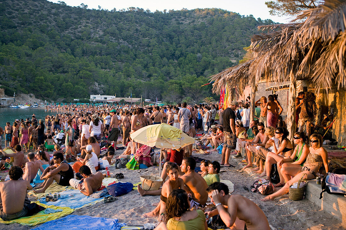 Spain, Balearic Islands, Ibiza island, Benniras beach, during summer, drum concerts are taking place every sunday afternoon