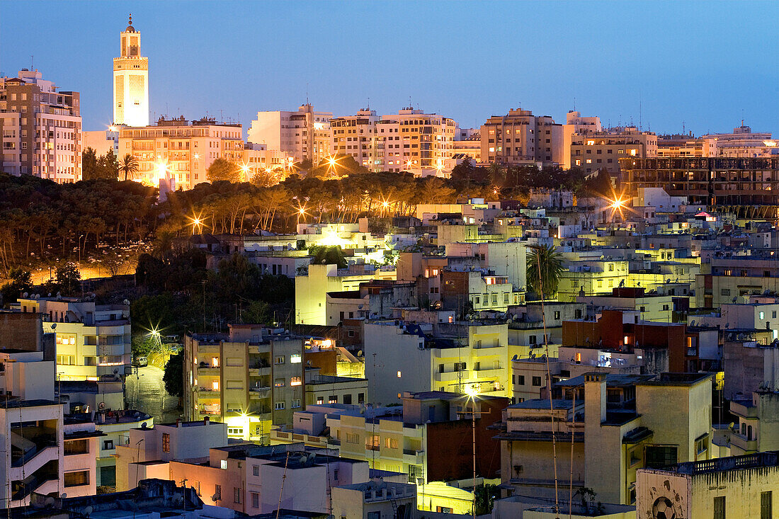 Morocco, Tangier Tetouan Region, Tangier, new Town and Mohammed V mosque seen from the Medina