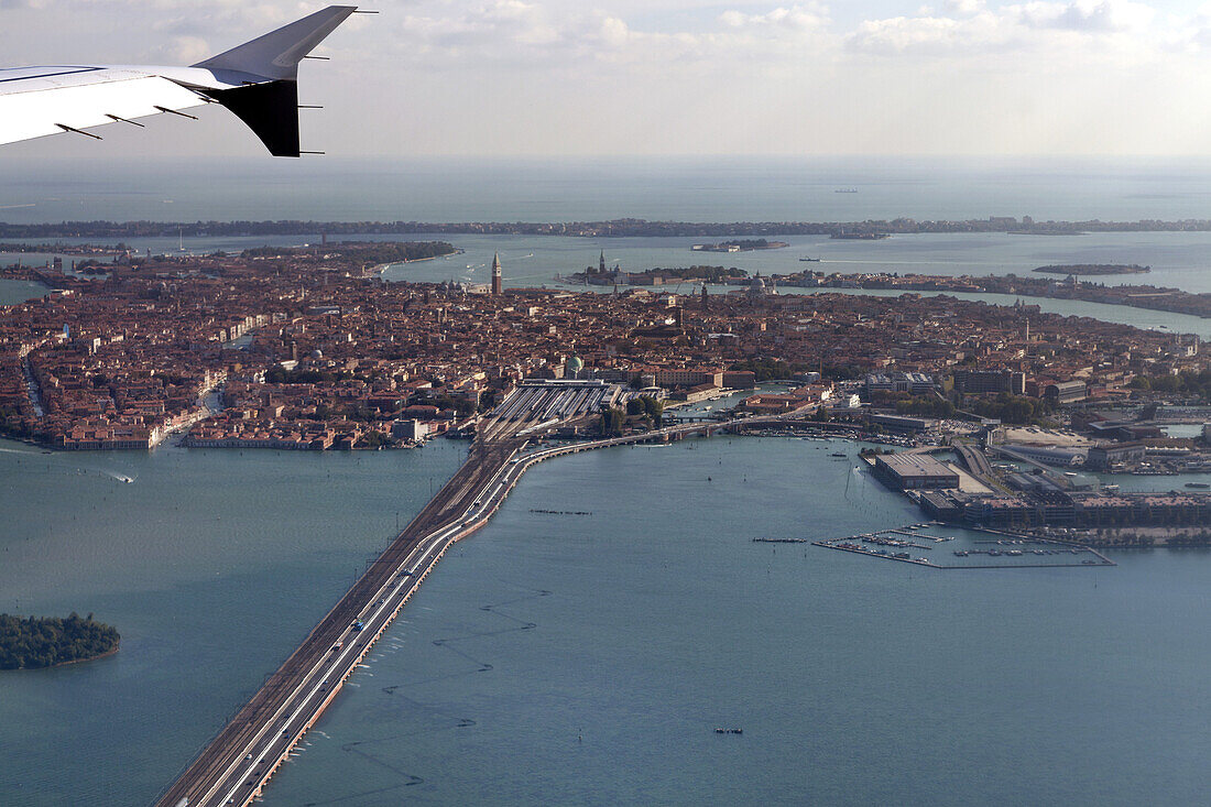 Flying over Venice and the lagoon, landing at Marco Polo Airport, Venice, Italy