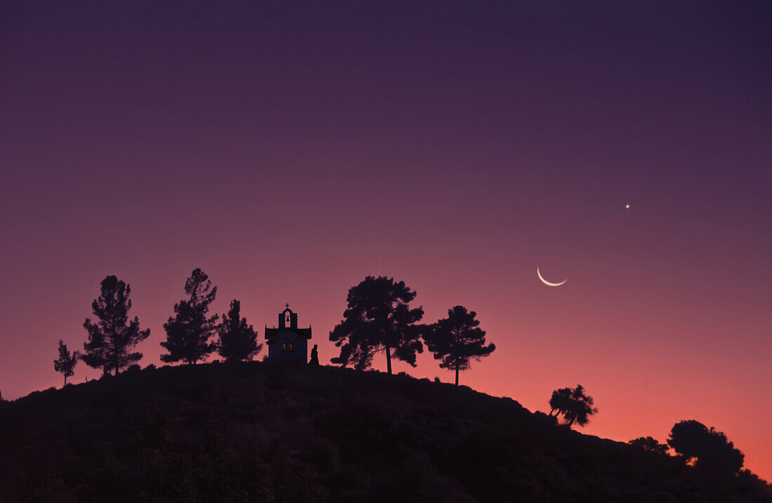 Chapel, monk, cedar trees, moon at dusk, Troodos Mts   Cyprus