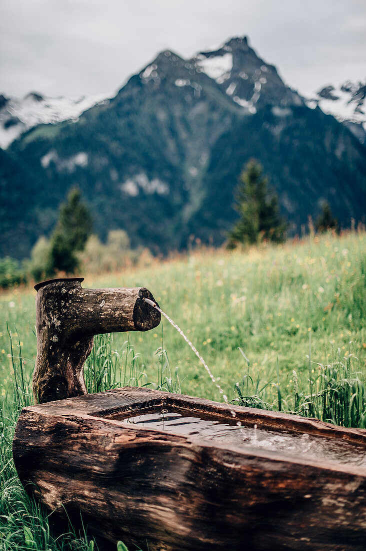 fountain at Brandnertal Valley, Vorarlberg, Austria, Mountains, Clouds