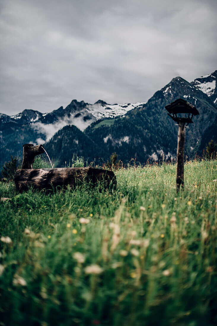 fountain at Brandnertal Valley, Vorarlberg, Austria, Mountains, Clouds