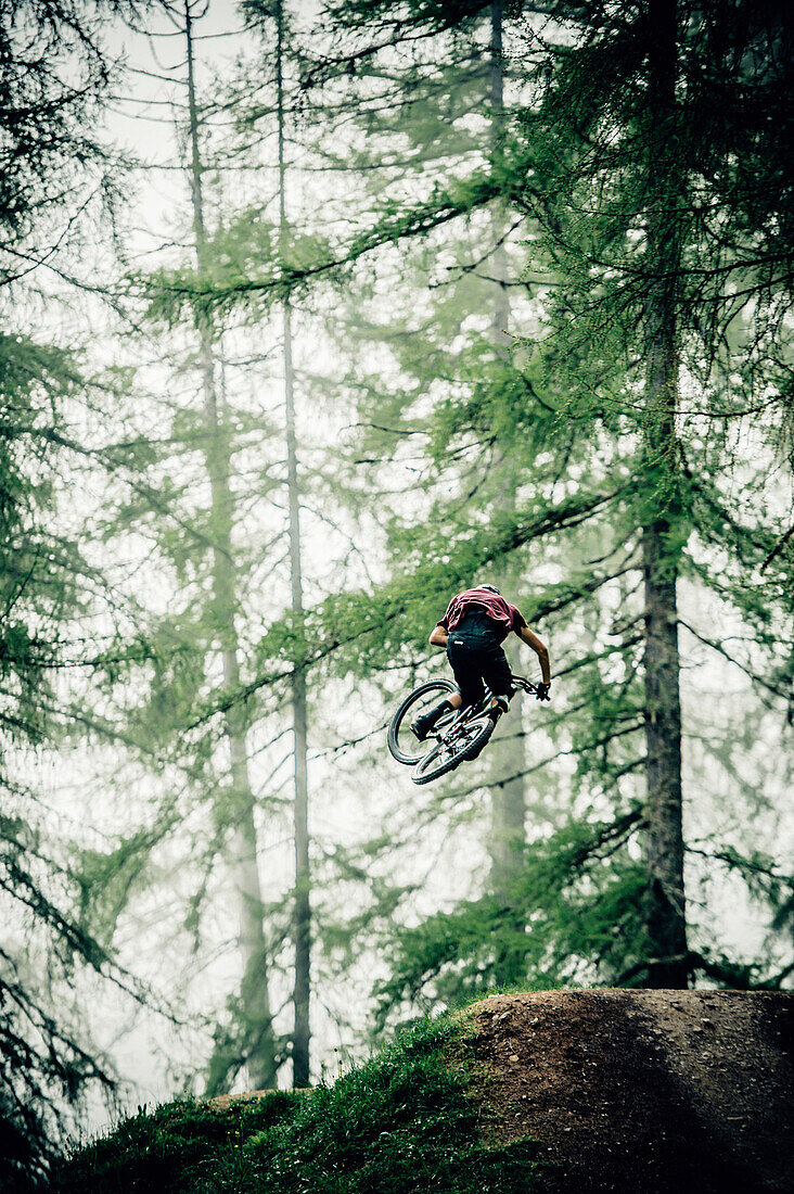 Bikepark Brandnertal, Mountainbiker, Downhill, Sprung, Mountainbike, Wald, Wiese, Vorarlberg, Österreich, Berge, Alpen