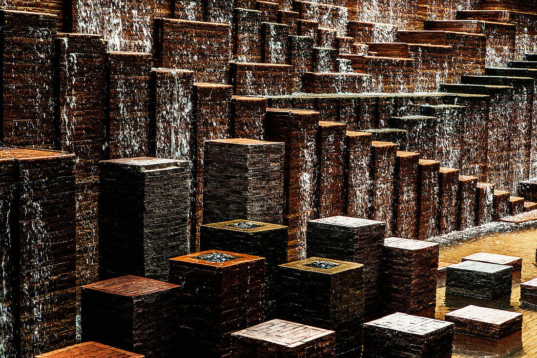 Close up of a waterfall fountain in Tokyo, Japan.