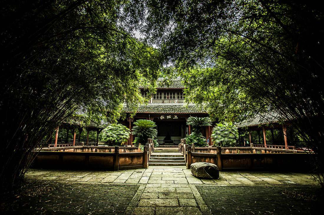 Temple in a lush dense forest in China