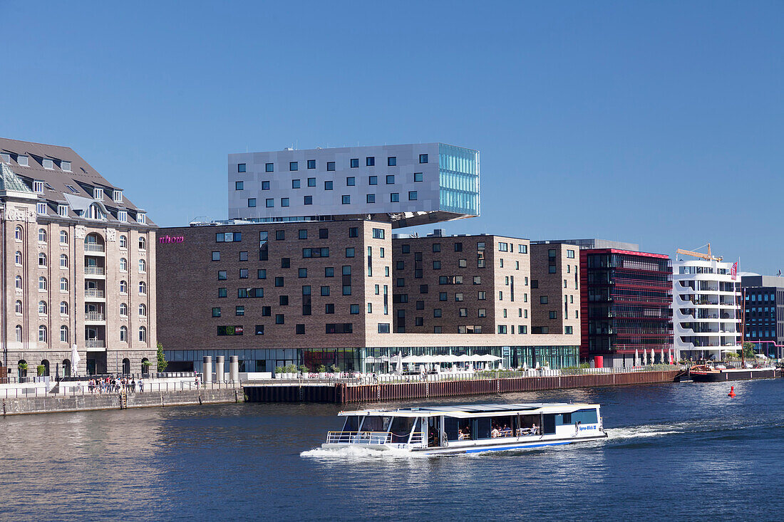 Modern architecture along the Spree River, excursion boat, Osthafen Port, Friedrichshain, Berlin, Germany, Europe