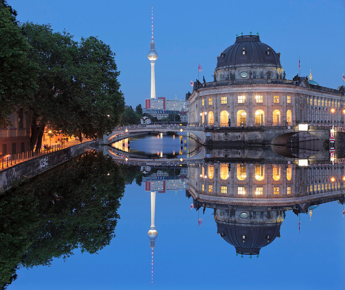 Bode Museum and TV Tower reflecting on Spree River, Museum Island, UNESCO World Heritage Site, Mitte, Berlin, Germany, Europe