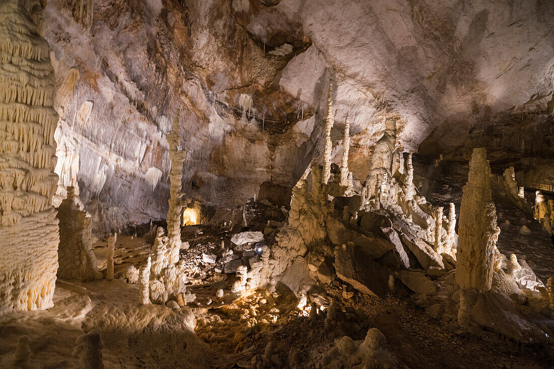 The natural show of Frasassi Caves with sharp stalactites and stalagmites, Genga, Province of Ancona, Marche, Italy, Europe