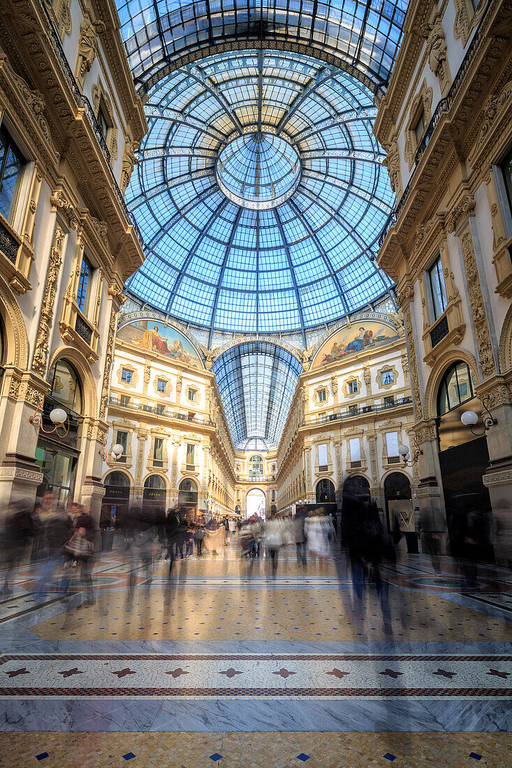 The shopping arcades and the glass dome of the historical Galleria Vittorio Emanuele II, Milan, Lombardy, Italy, Europe