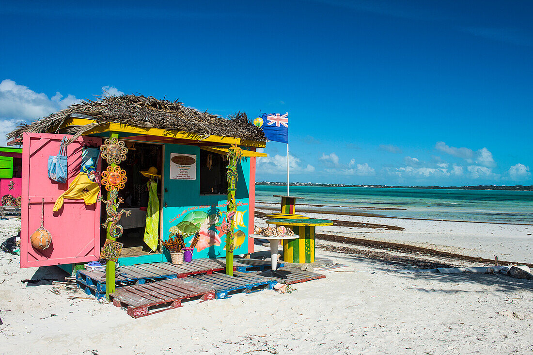 Colourful shop on Five Cay beach, Providenciales, Turks and Caicos, Caribbean, Central America