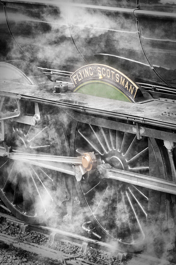 The Flying Scotsman steam locomotive arriving at Goathland station on the North Yorkshire Moors Railway, Yorkshire, England, United Kingdom, Europe