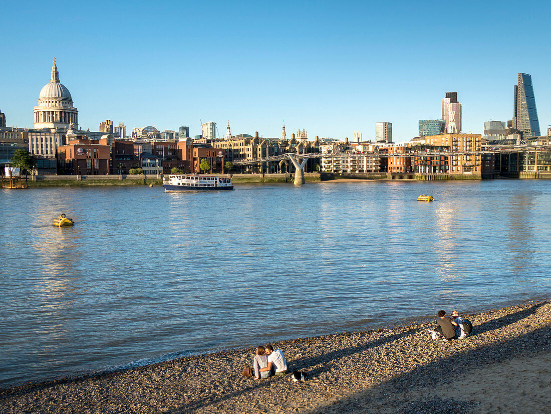 St. Pauls and City skyline, beach beside the River Thames, London, England, United Kingdom, Europe