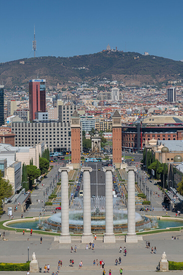 View from Magic fountain and Palace of Montjuic, Barcelona, Catalonia, Spain, Europe