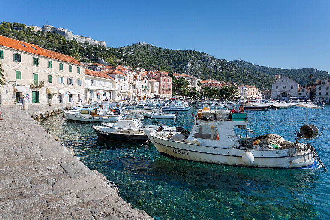 Harbour and Spanish Fortress, Hvar, Hvar Island, Dalmatia, Croatia, Europe