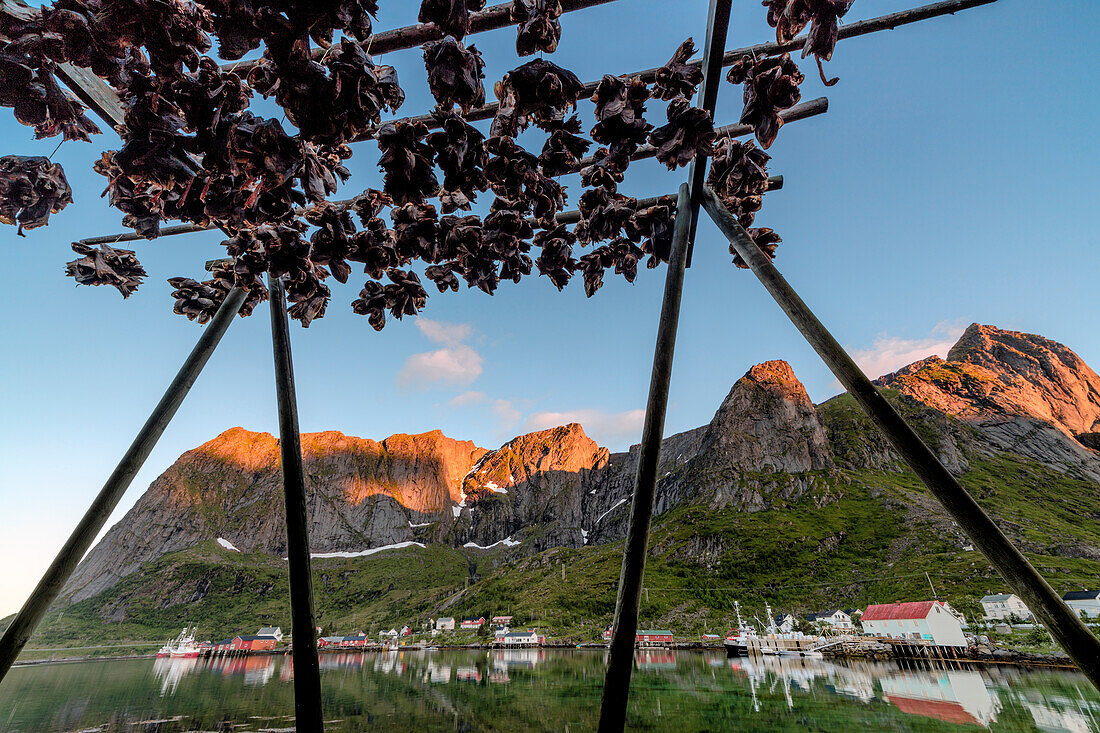 Midnight sun on dried fish framed by fishing village and peaks, Reine, Nordland county, Lofoten Islands, Arctic, Northern Norway, Scandinavia, Europe