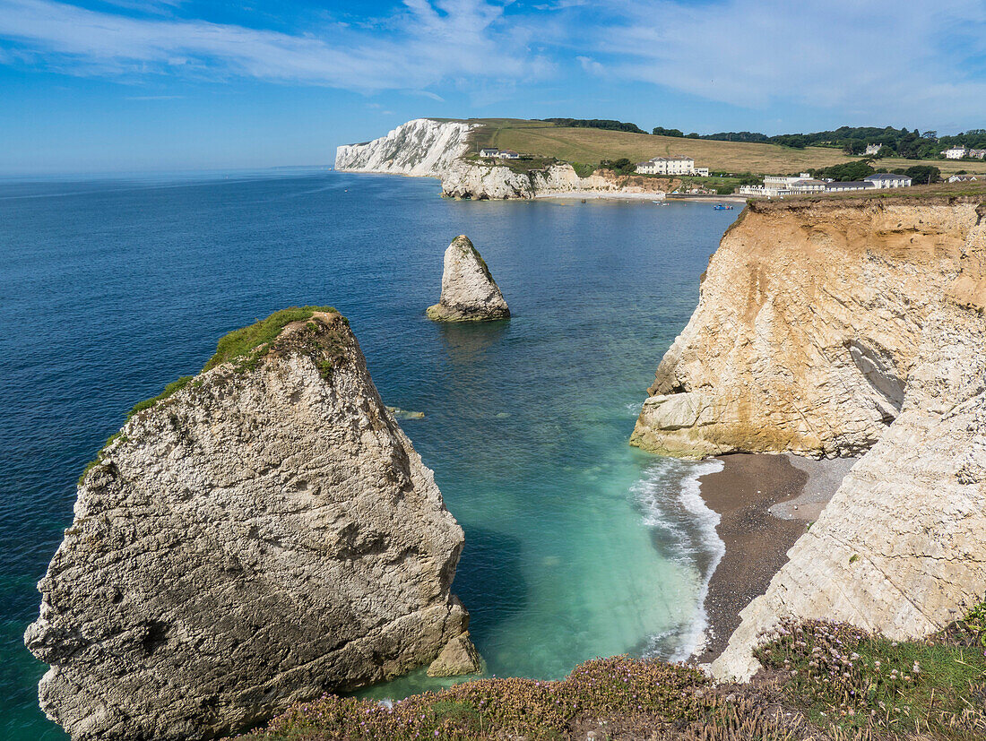 Freshwater Bay and chalk cliffs of Tennyson Down, Isle of Wight, England, United Kingdom, Europe
