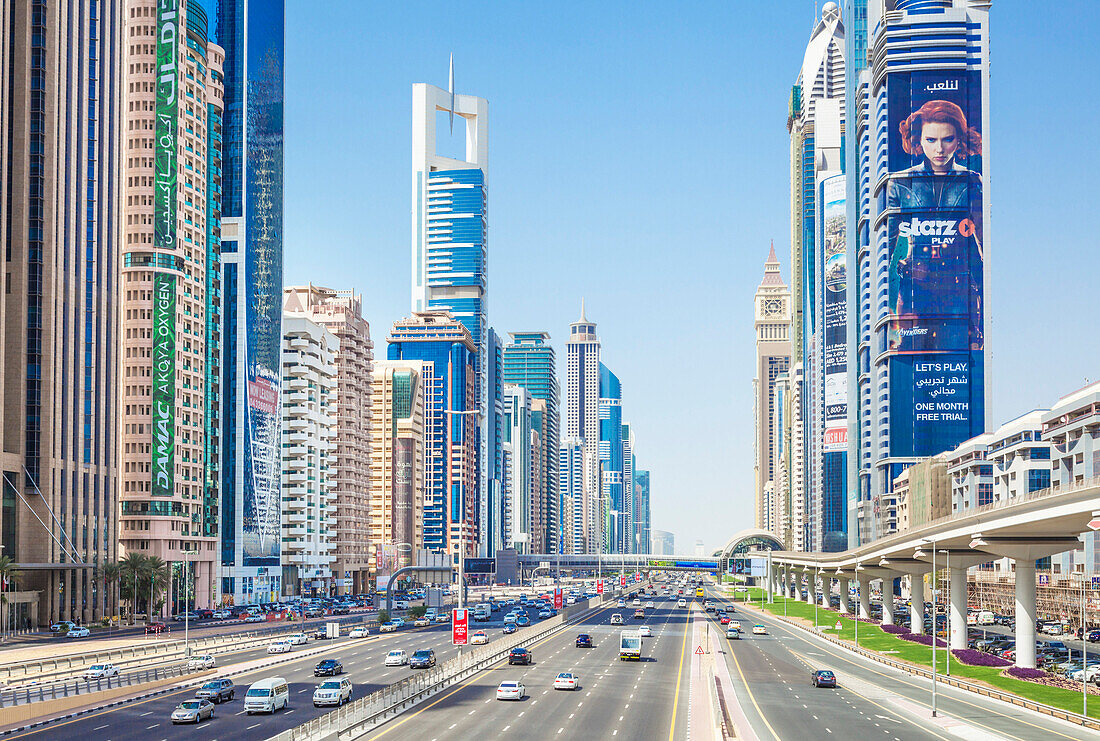 Sheikh Zayed Road traffic and Dubai skyline, Dubai City, United Arab Emirates, Middle East