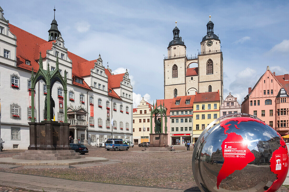 Town Square with Stadtkirke and Town Hall, Lutherstadt Wittenberg, Saxony-Anhalt, Germany, Europe