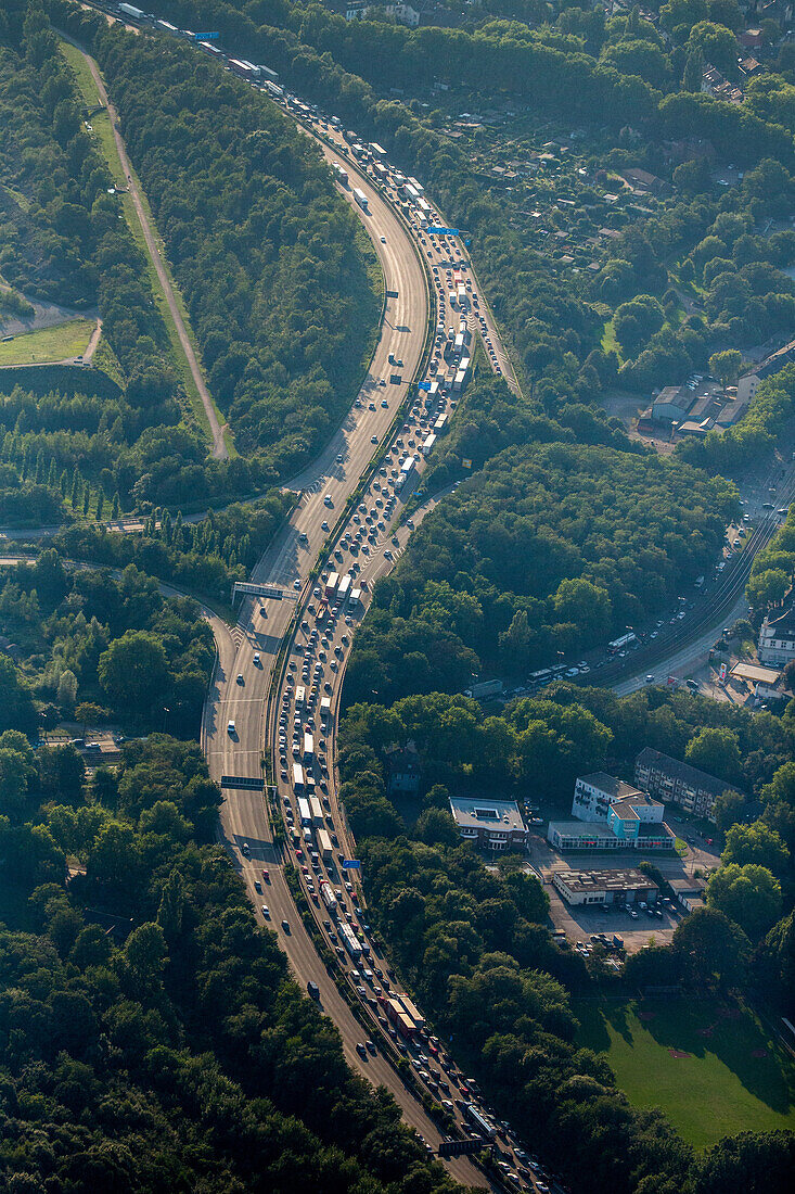 aerial German Autobahn, A 40, curves, motorway, highway, freeway, speed, speed limit, traffic jam, congestion, infrastructure, Rhein-Ruhr, Germany