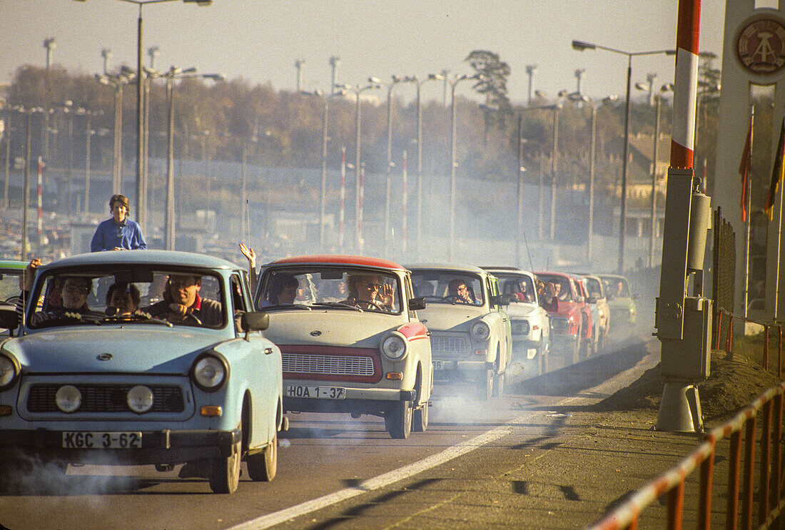 historic opening of the east German border, wall, autobahn, east German Trabant cars, traffic, pollution, 1989, Germany