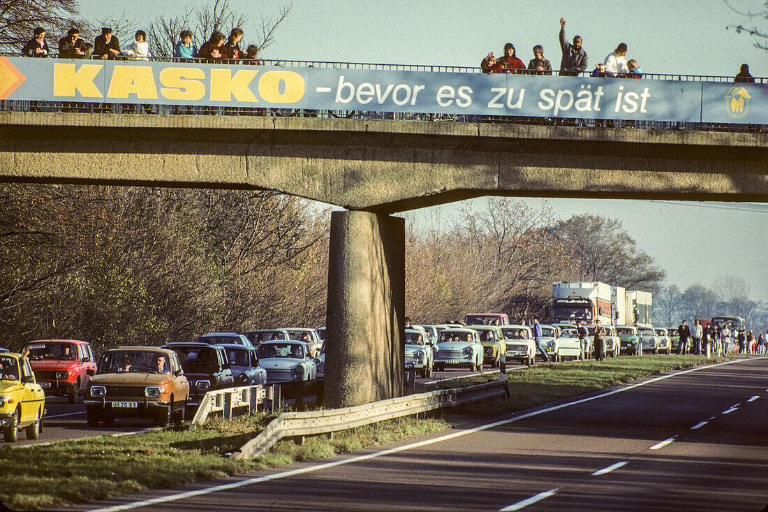 historic opening of the east German border, autobahn, east German Trabant cars, traffic, 1989, Germany