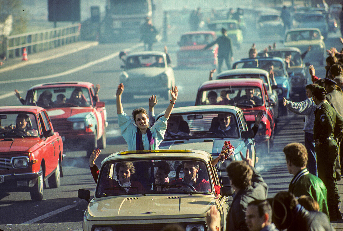 historic opening of the east German border, wall, autobahn, east German Trabant cars, traffic, 1989, Germany