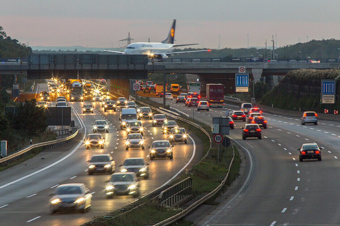 German Autobahn, plane crosses above A 3, Frankfurt Airport, motorway, highway, freeway, speed, speed limit, traffic, infrastructure, night, Frankfurt, Germany