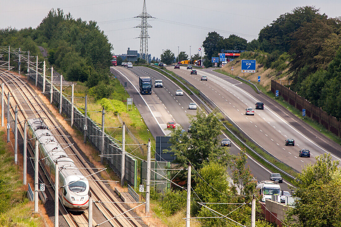 German Autobahn, A3, high speed train, rails, parallel, motorway, freeway, speed, speed limit, traffic, infrastructure, rail and road transport, Neustadt Wied, Germany