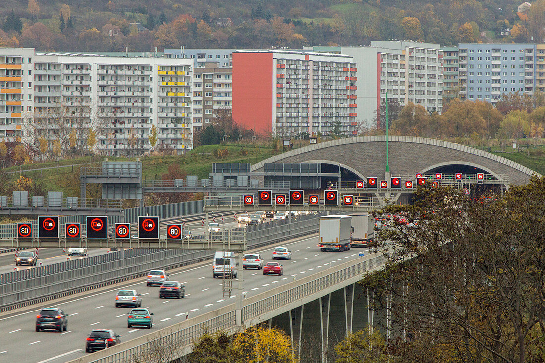 German Autobahn, A4, electronic warning signs, roadworks, construction site, tunnel, cars, motorway, highway, freeway, blocks of flats, speed, speed limit, traffic, infrastructure, Jena, Germany