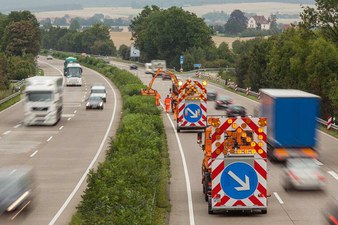 German Autobahn, A 7, motorway maintenance, hedge and verge trimming, safety measures, freeway, speed, speed limit, traffic, job, danger, infrastructure, Germany